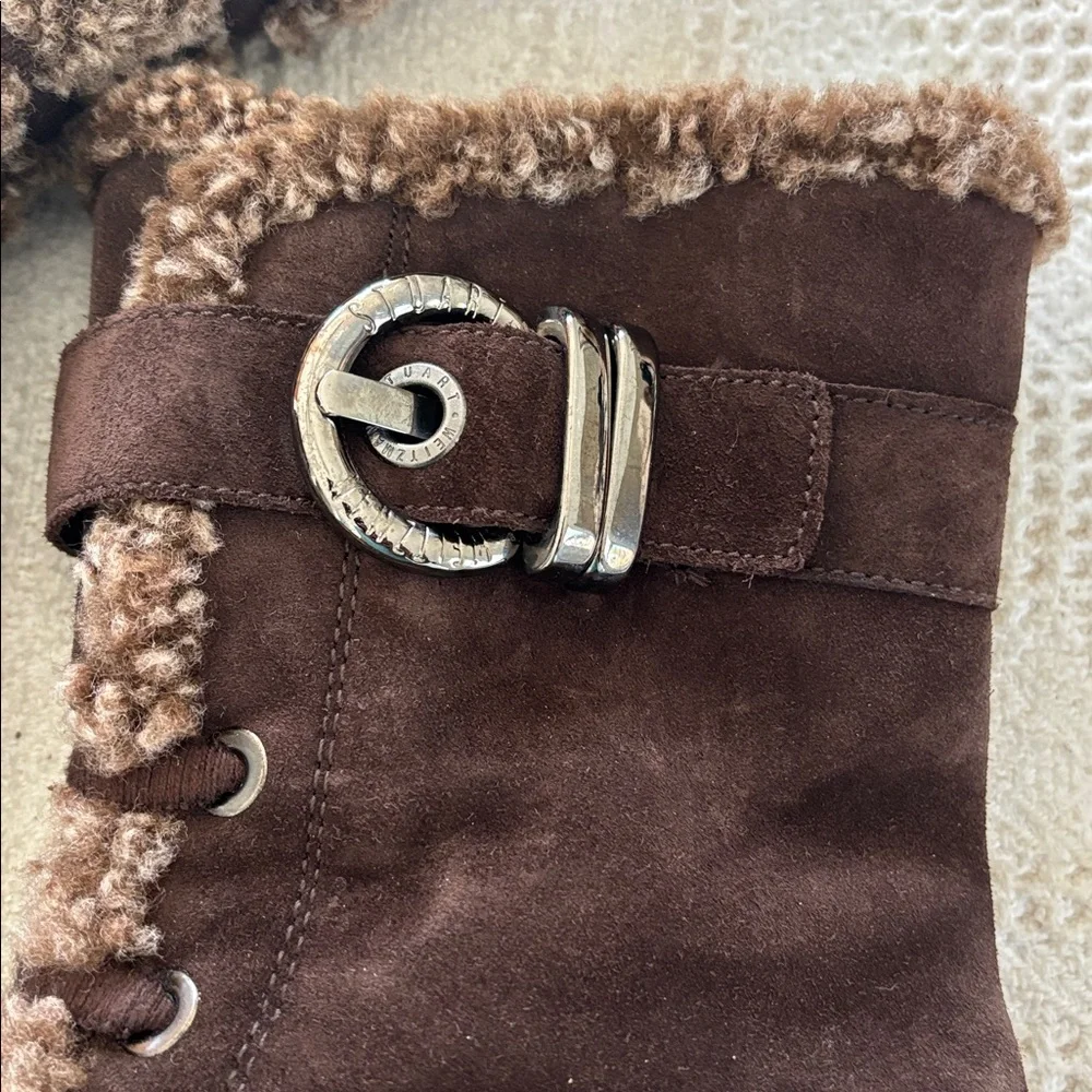 Stuart Weitzman ankle lace up faux shearling‎ fur fleece Suede winter boots Sz 8